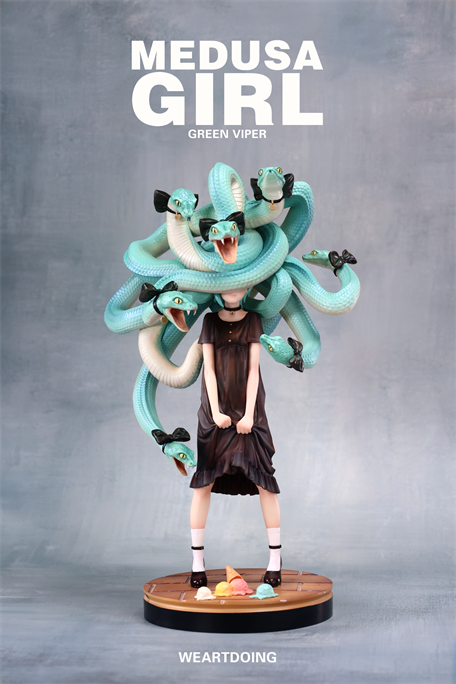 Medusa Girl–Green Viper figurine with mint-green snake hair, dark dress, and fallen ice cream on base; a limited edition art toy from WEARTDOING.