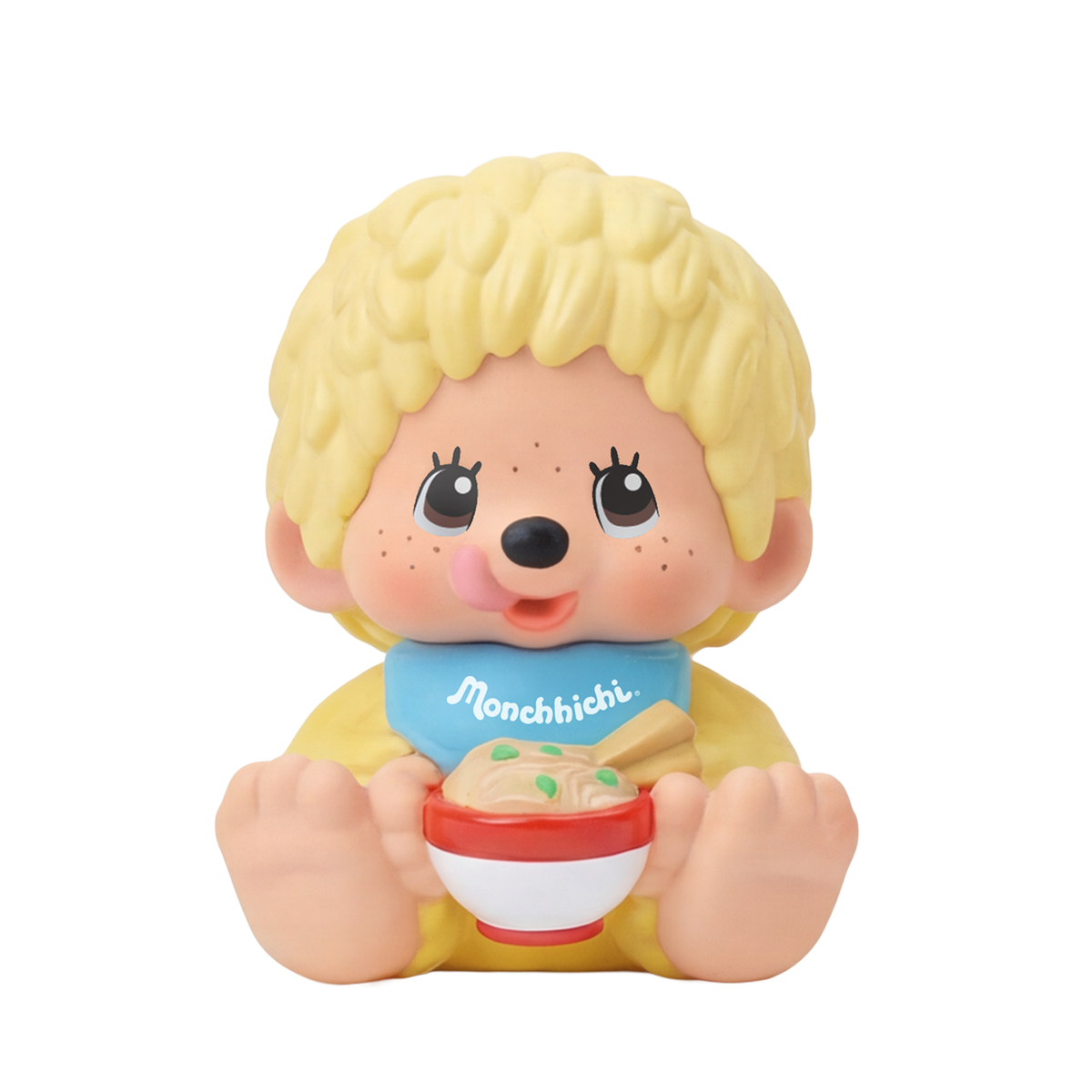 Monchhichi Sakura Series (Pastel) Blind Box figure, a monkey-like doll in yellow suit, blue bib, holding noodles, tongue out. Preorder now.