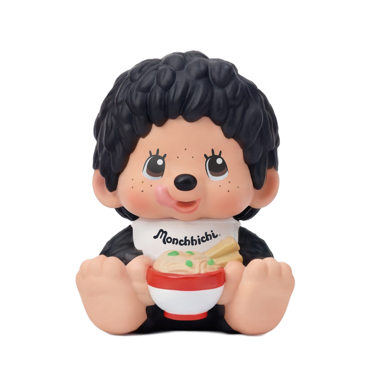 Monchhichi Sakura Series figurine holding noodles, wearing a bib, tongue out playfully. Part of Rokimoto's blind box collection, preorder for collectors.