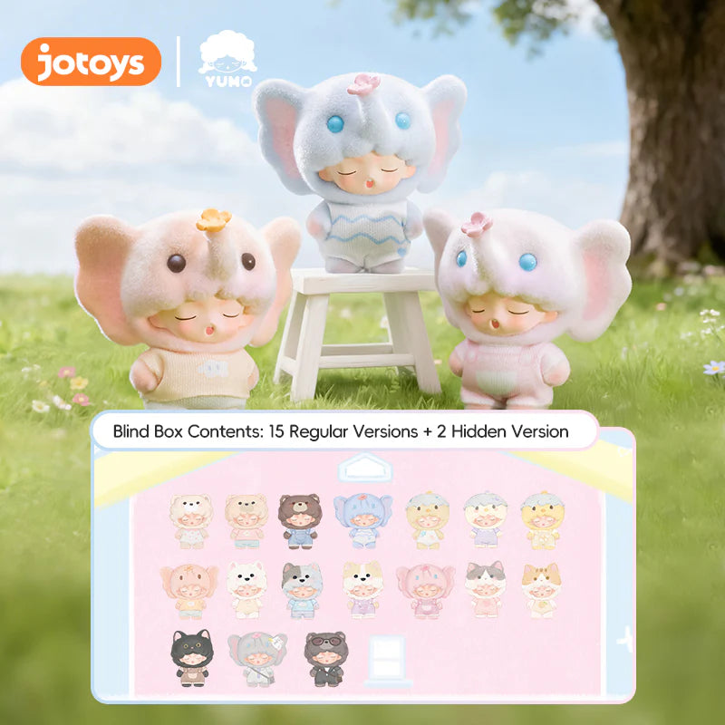 YUMO Cute Pet Family Mini Series features chibi elephant plushes in animal costumes, part of a 15-character blind-box collection with secret versions.
