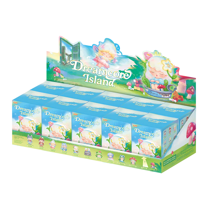 YUMO DREAMCORE ISLAND SERIES countertop display featuring blind-box collectibles with dreamlike figures and a mystery character, available for preorder at Strangecat Toys.
