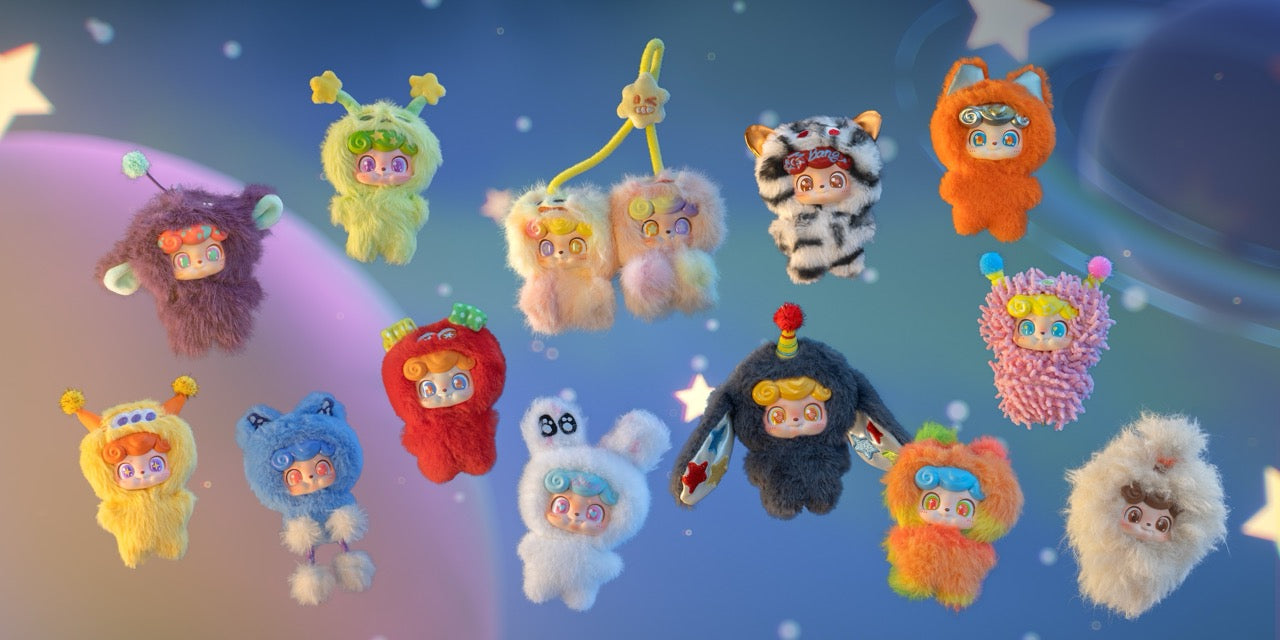 Q. Kid Wave Club Series Plush Blind Box features 12 plush-keychains in whimsical costumes, each with a unique doll-like face and curly “hair”.