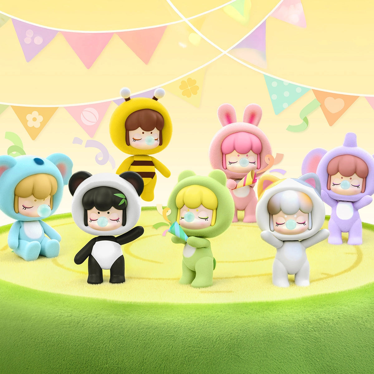 Baby Nanci Fluffy Party Blind Box Series: Seven cartoon figures in animal onesies on a lawn, celebrating with bubblegum and party poppers.