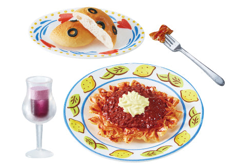 Small street corner trattoria Re-ment Blind Box Series featuring miniature buns, pasta dish, and beverage, capturing a charming tabletop meal scene.