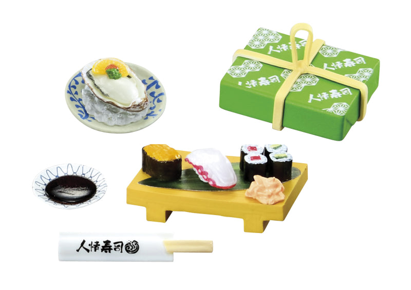 Wait for me! Downtown's human sushi Re-ment Blind Box Series featuring miniature sushi models and a gift box, showcasing all 8 designs.