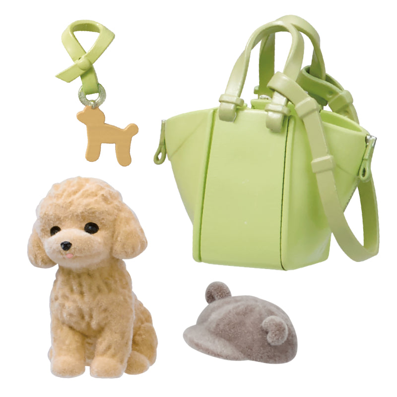 My Sweet Closet Re-ment Blind Box Series featuring a handbag, poodle ornament, gray beret, and ribbon keychain with dog charm.