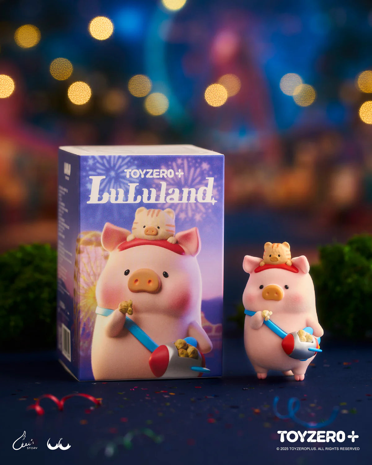 LuLu the Piggy - LuLuLand Series Blind Box features a pink pig figurine with a kitten on its head, holding a rocket-shaped popcorn bucket.