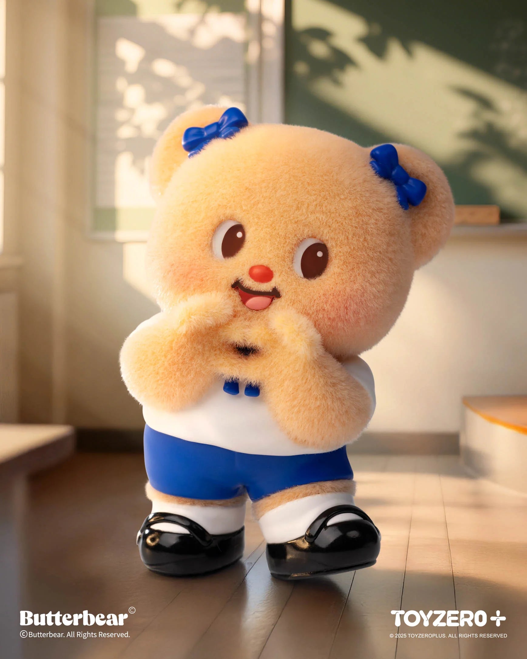 Butterbear - Little Wishes Blind Box Series: A fluffy apricot teddy bear with blue bows, wearing a white T-shirt and blue shorts, part of a collectible toy series.