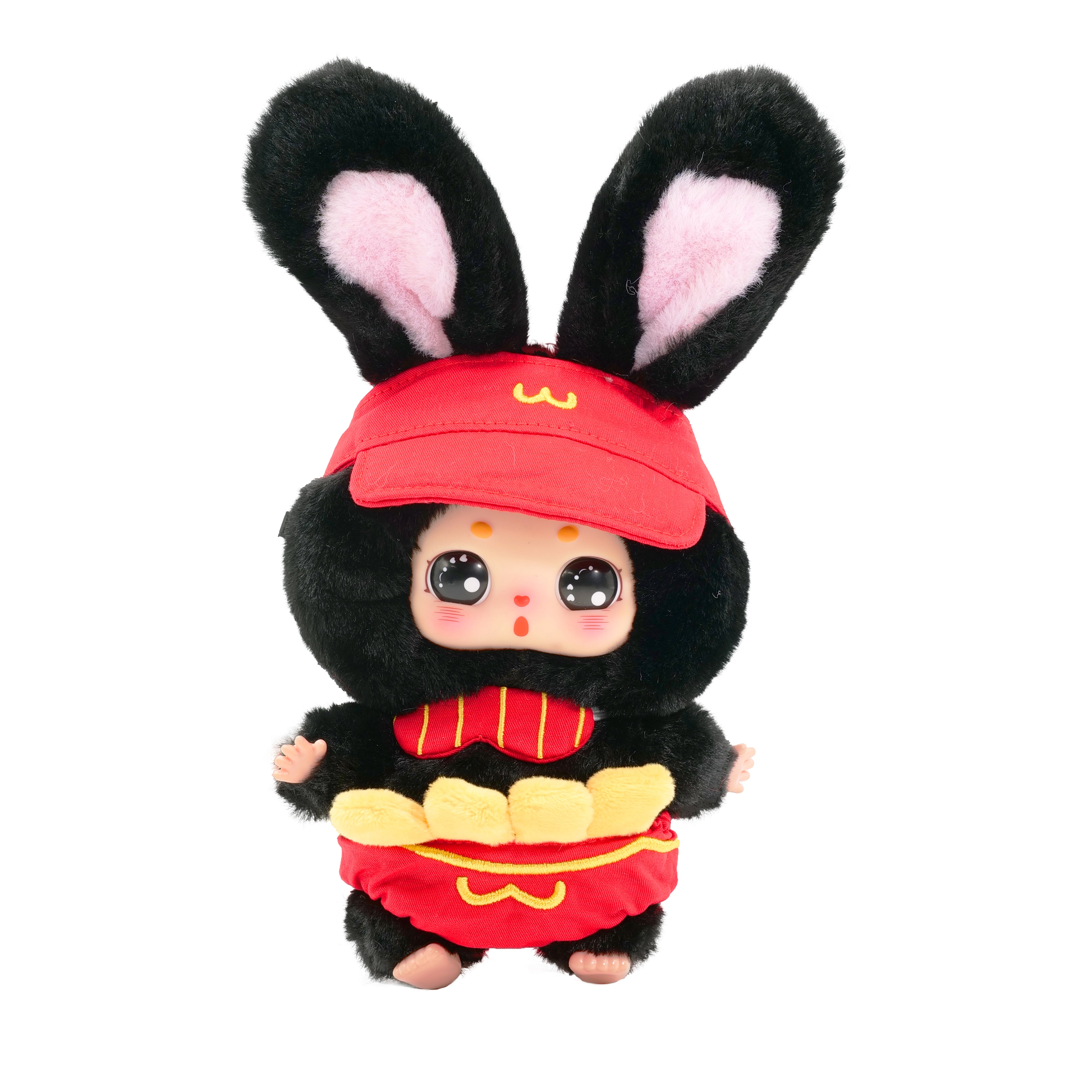 Baby Three - Little Fatty plush toy, a black bunny mascot with floppy ears, red visor cap, and fast-food theme outfit, available for preorder at Strangecat Toys.