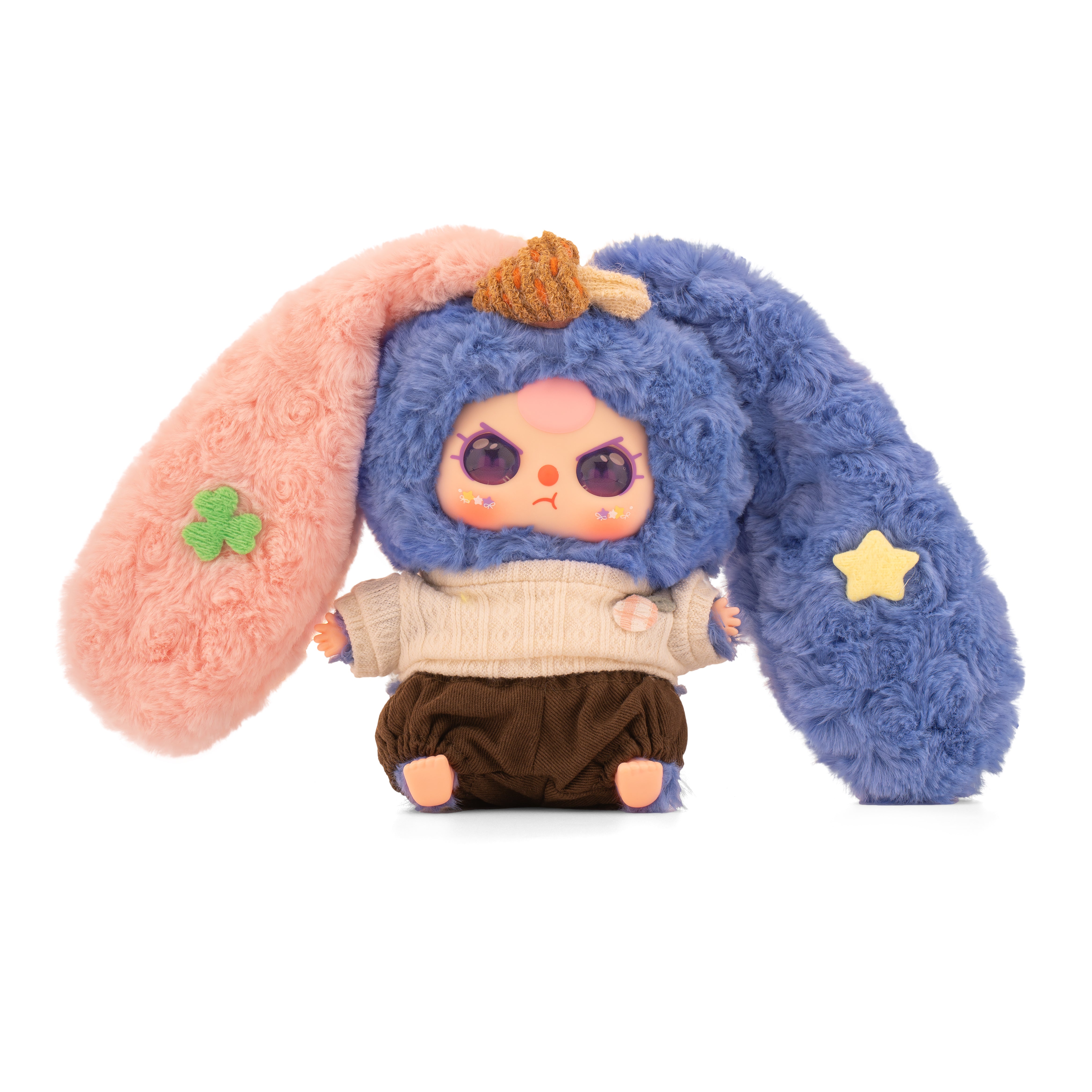 Baby Three - Lily Rabbit Town 4: Plush with vinyl face, long ears, fuzzy fur, and crocheted ice-cream accessory, dressed in sweater and corduroy pants.