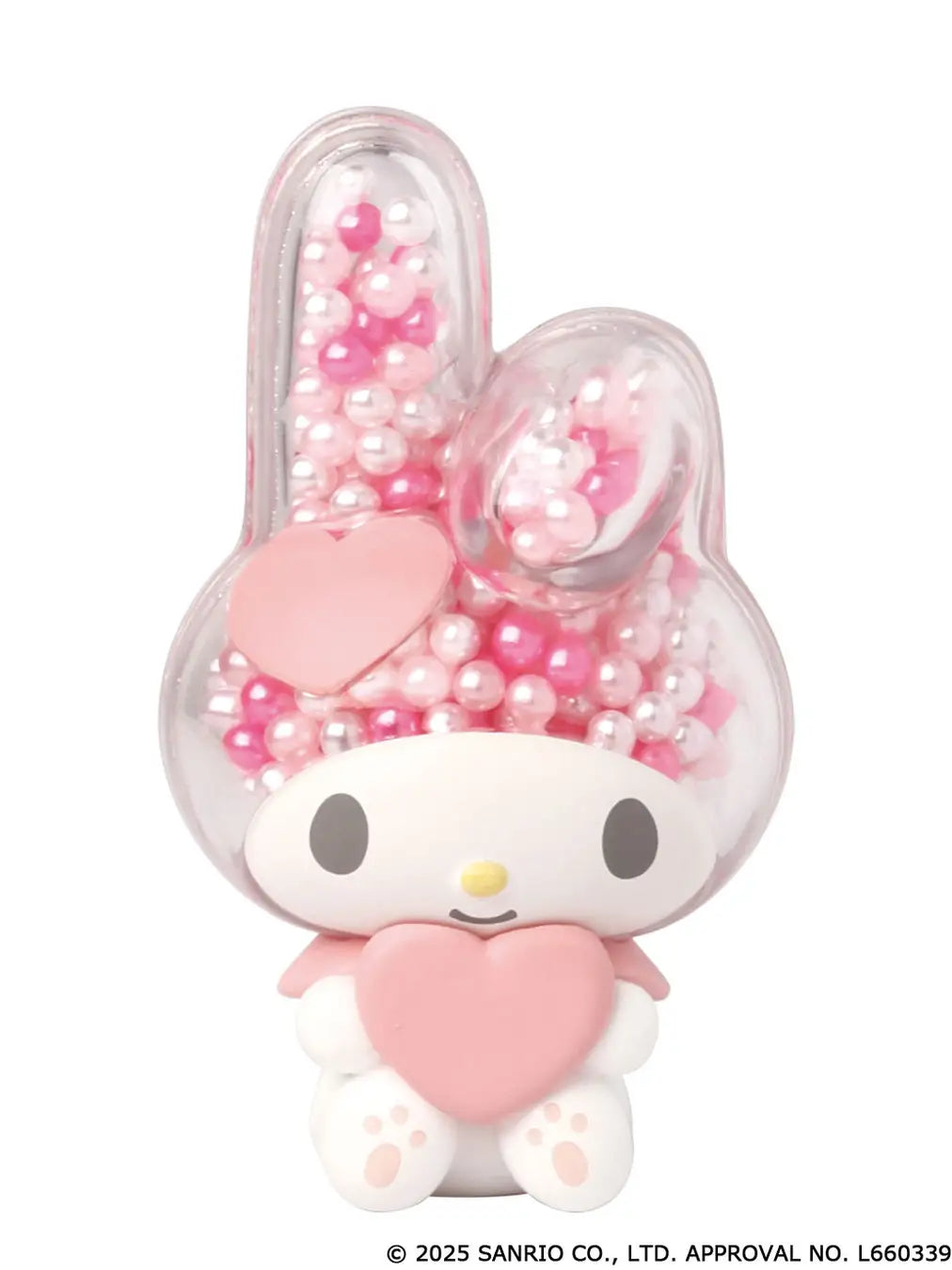 My Melody transparent sparkling mascot Gacha figure with a bead-filled bunny head and heart, © 2025 SANRIO CO., LTD., from Strangecat Toys.
