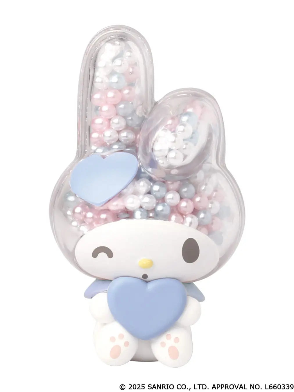 My Melody transparent sparkling mascot Gacha: Stylized bunny with clear head, pastel beads, winking face, and blue heart. Perfect collectible from Strangecat Toys.
