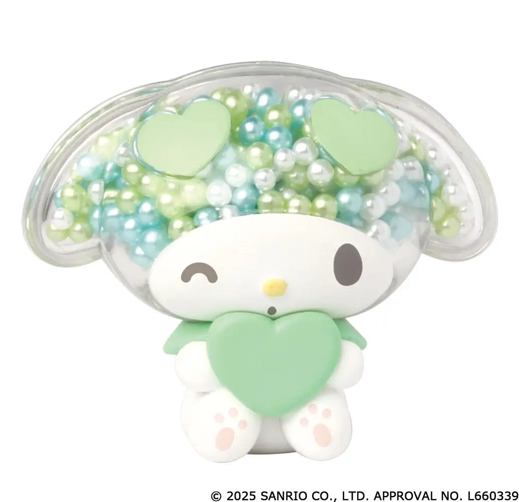 My Melody transparent sparkling mascot Gacha Series figurine, a Sanrio character with a clear dome head filled with pastel beads, holding a mint-green heart.