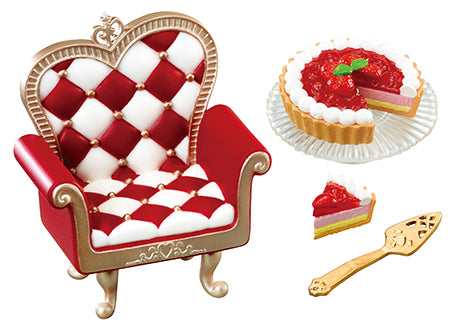 Wonderland Tea Party Mysterious Country Tea Party Re-ment Blind Box Series featuring a strawberry pie and red and white chair design.