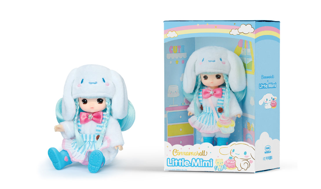 Sanrio x Little Mimi doll with blue hair and bunny hat in box, available for preorder, ships May 2025.