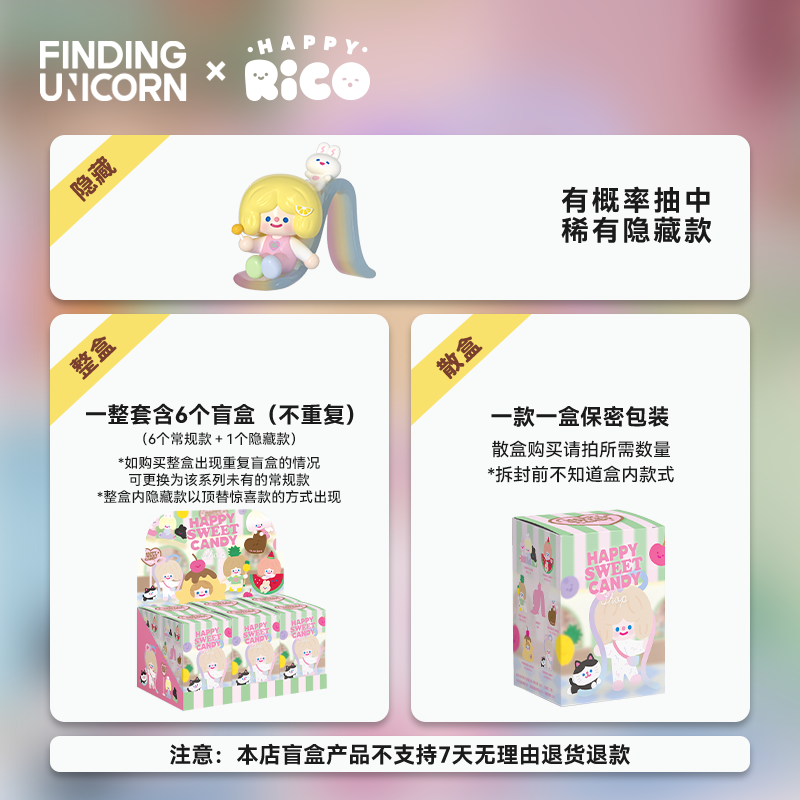Promotional poster for RiCO Happy Sweet Candy Shop Series blind-box toys, featuring rare unicorn variant, full case perks, and single-box purchasing details.