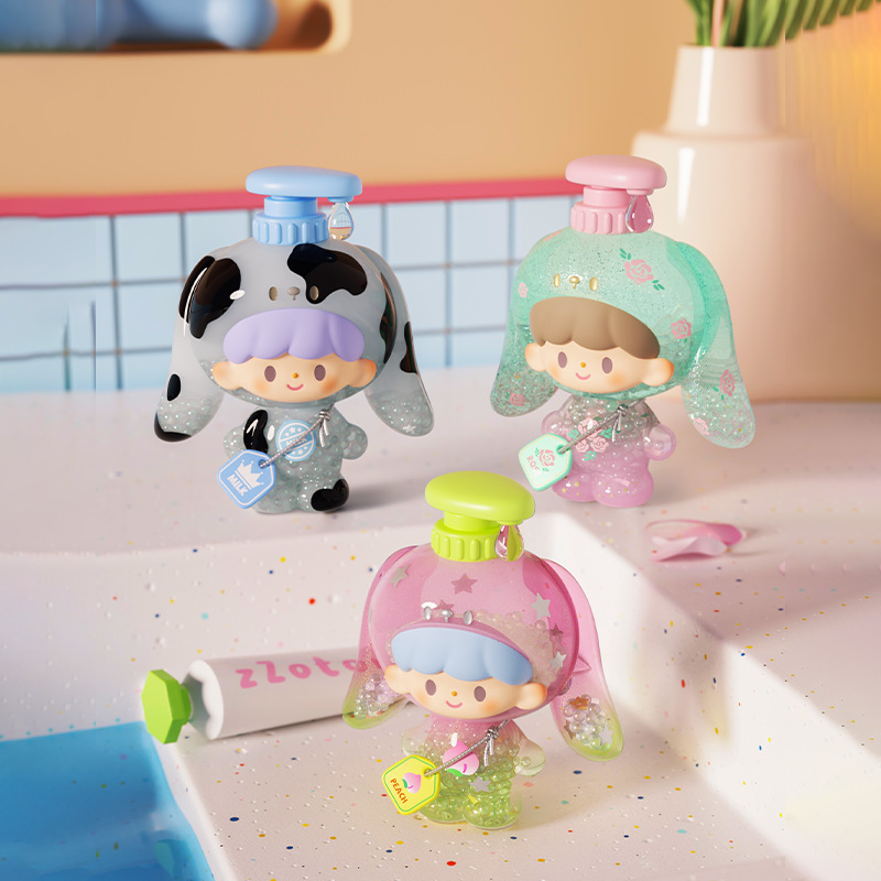 zZoton Bubble Bath Blind Box Series: Three kawaii collectible bottles in character forms, featuring peach, milk, and rose themes, available for preorder at Strangecat Toys.