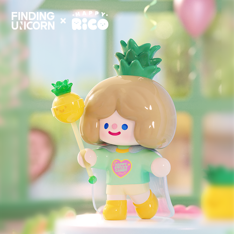 RiCO HAPPY SWEET CANDY SHOP SERIES figure with pineapple-themed details, mint-green shirt, translucent cape, in a pastel setting; FINDING UNICORN × HAPPY RICO collaboration.