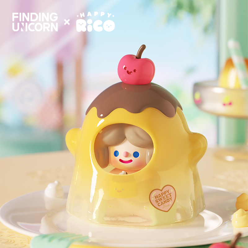 RiCO HAPPY SWEET CANDY SHOP SERIES: A pudding-themed vinyl toy with a cherry on top, featuring a peek-a-boo character inside.