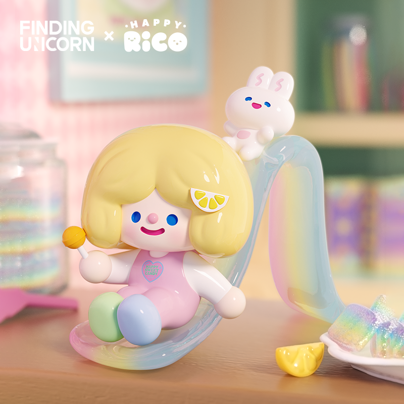 RiCO HAPPY SWEET CANDY SHOP SERIES figure in pastel outfit, holding a lollipop, with a bunny companion and candy-themed backdrop. Part of FINDING UNICORN × HAPPY RICO collaboration.
