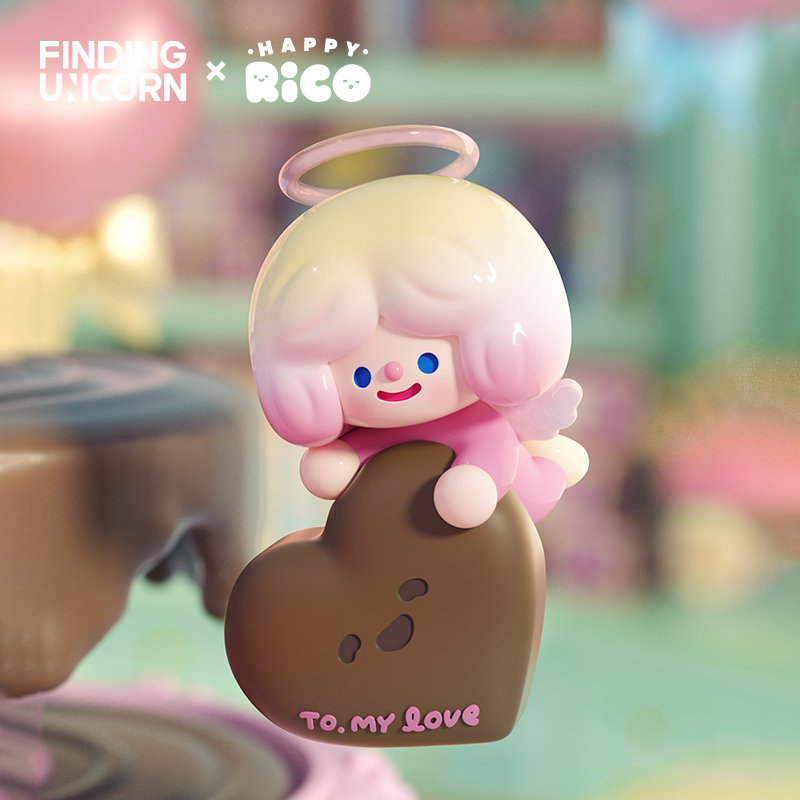 RiCO HAPPY SWEET CANDY SHOP SERIES cherub with a chocolate heart, halo, and pastel accents; part of a collectible blind box series by Finding Unicorn × Happy Rico.