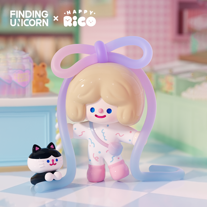 RiCO HAPPY SWEET CANDY SHOP SERIES vinyl figure with pastel-purple hair, confetti jumpsuit, and cat toy, set against a candy-themed backdrop.