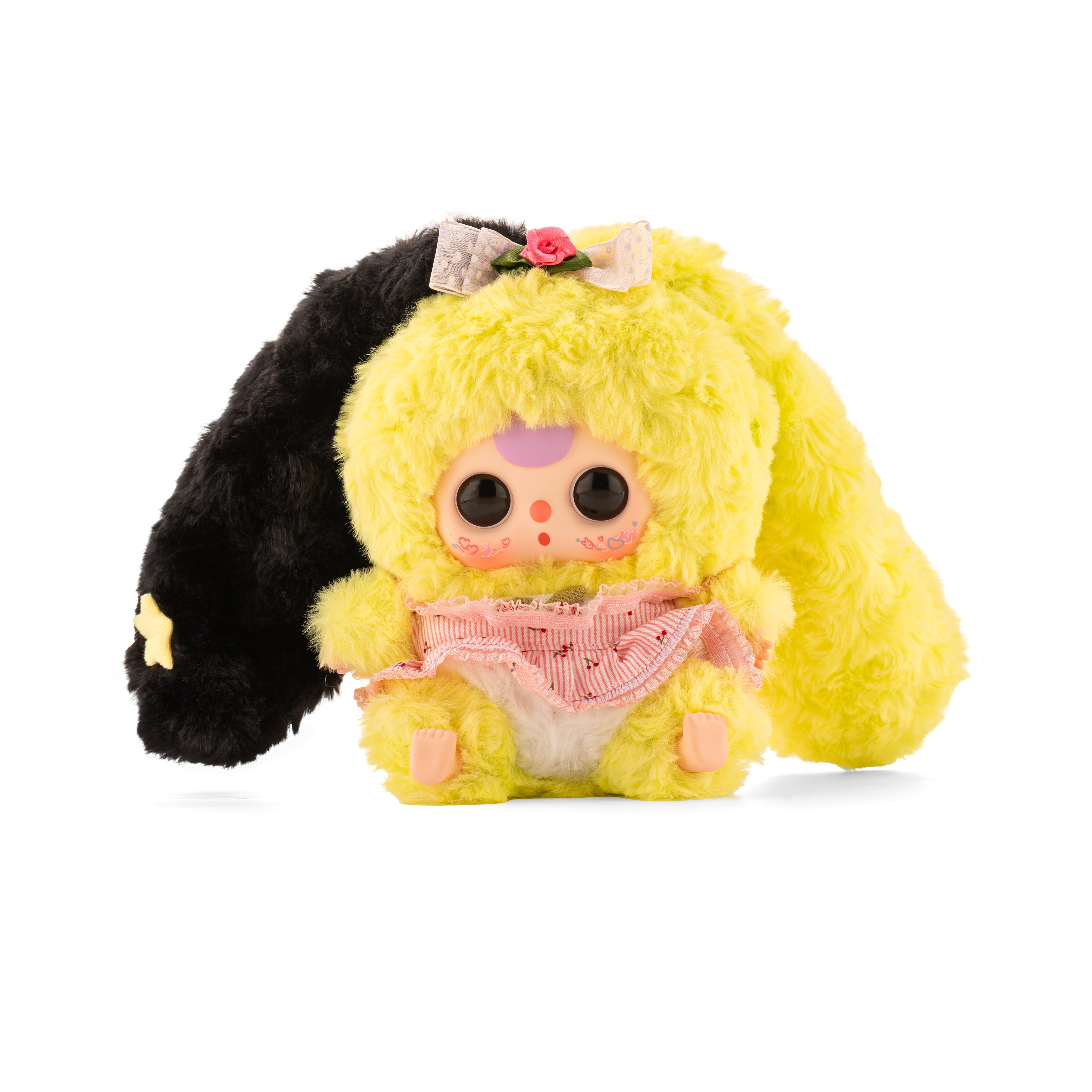 Baby Three - Lily Rabbit Town 4 plush, features a yellow bunny costume, pink skirt, and mismatched ears with a star, perfect for whimsical collections.