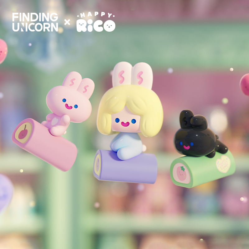 RiCO HAPPY SWEET CANDY SHOP SERIES features three bunny figures on fruit-themed logs, showcasing whimsical designs in the Finding Unicorn × Happy Rico collaboration.