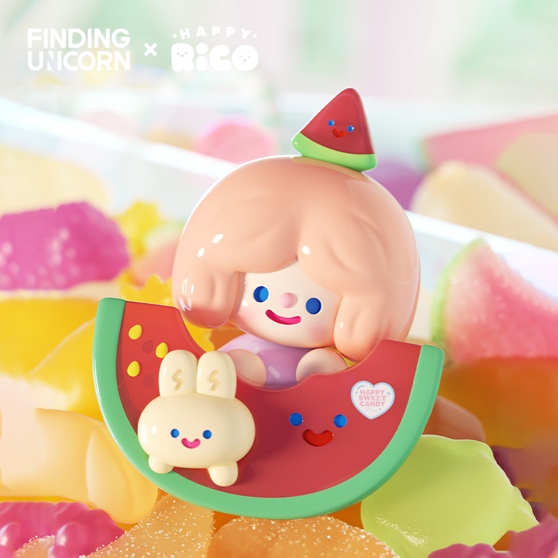RiCO HAPPY SWEET CANDY SHOP SERIES: Pink-haired character on watermelon seat with bunny, amid gummy candies. Part of a blind box collectible collaboration.