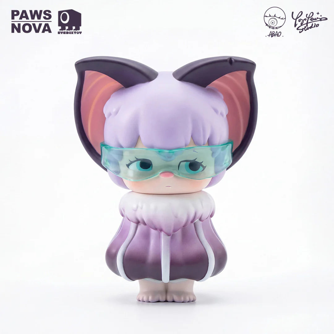 ABAO x Yoyo Yeung Batti Limited Sofubi Figure - Preorder, featuring cat-ear design, lavender hues, teal visor, puffy collar, and petal-like skirt, ideal for collectors.