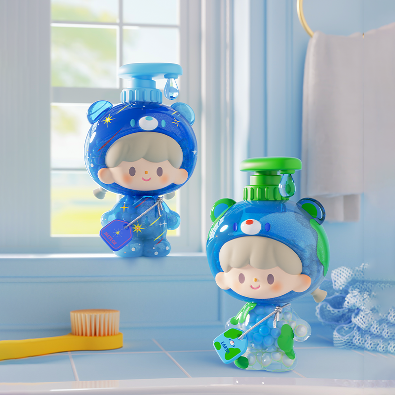 zZoton Bubble Bath Blind Box Series pumps, shaped like space-suited characters, on a countertop with a toothbrush, towel, and bath sponge. Preorder for October 2025 shipping.