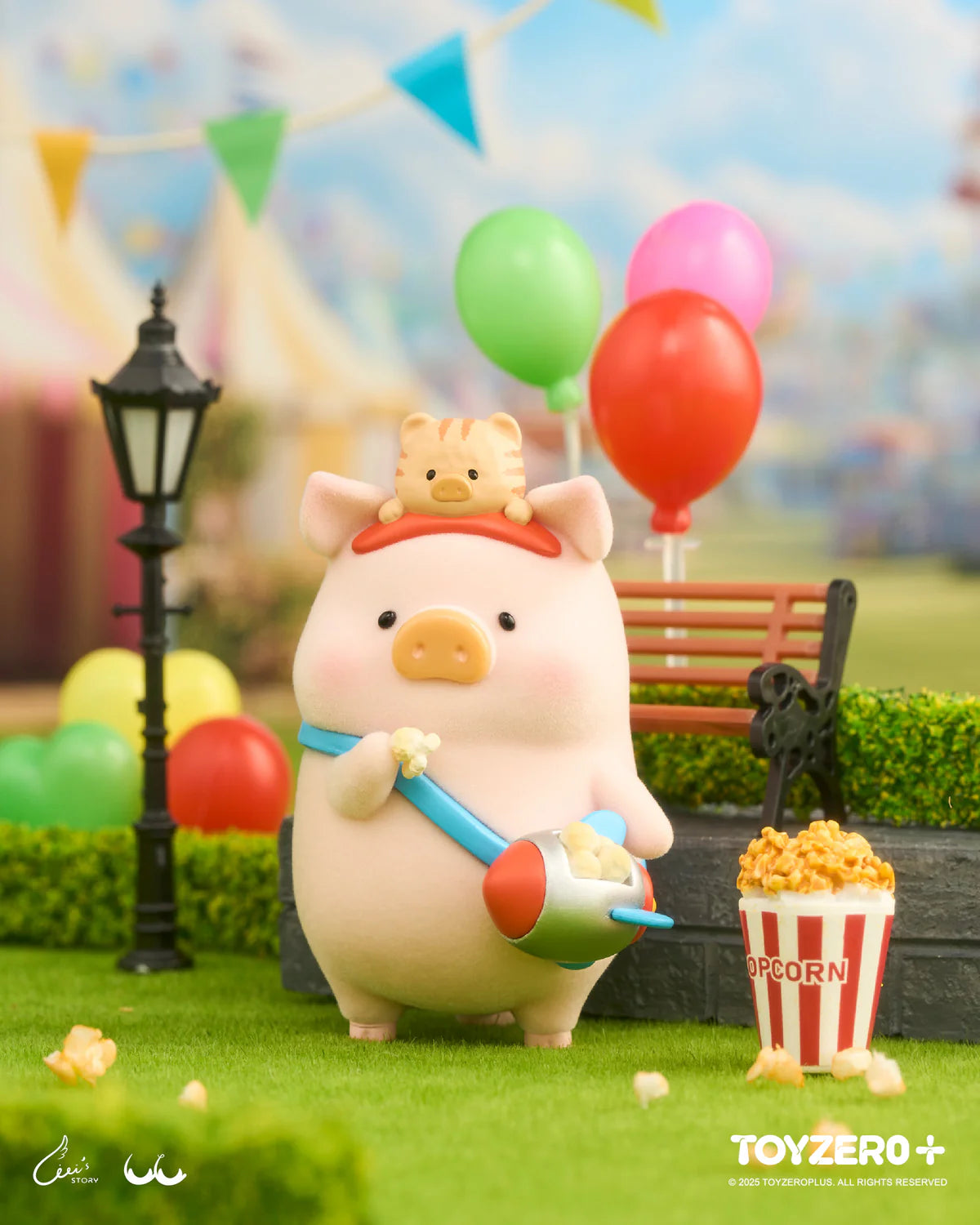 LuLu the Piggy toy from LuLuLand Series Blind Box, holding popcorn with a kitten on its head, surrounded by carnival-themed props.