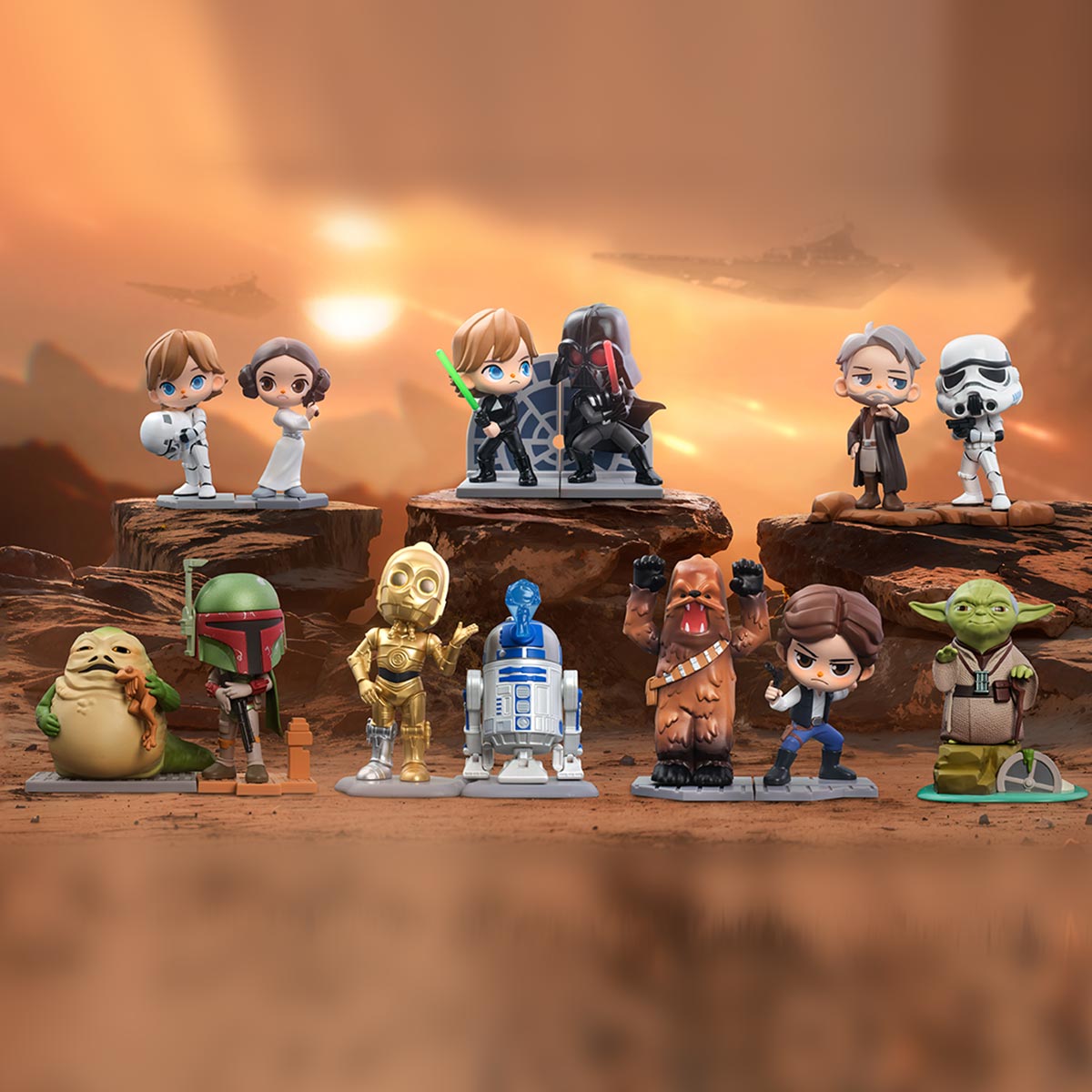 Star Wars Series Figures - Preorder: Chibi-style figures posed on rocky terrain, featuring iconic characters like Luke, Leia, and Yoda. Collectible display figures, preordering for Strangecat Toys.