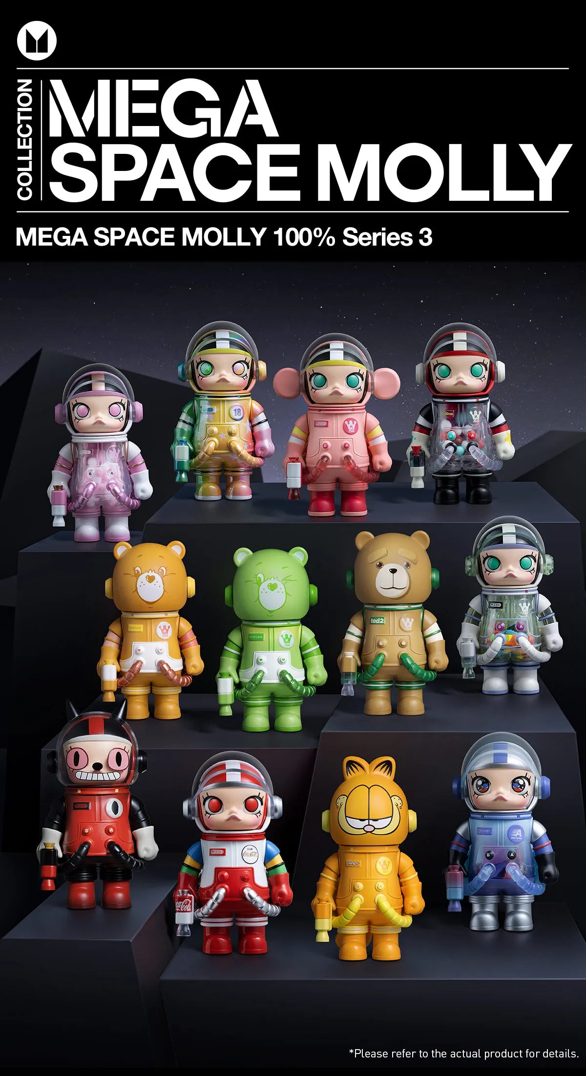 MEGA SPACE MOLLY 100% Blind Box Series 3 featuring various toy figurines, including robots and astronauts, displayed on a black platform.