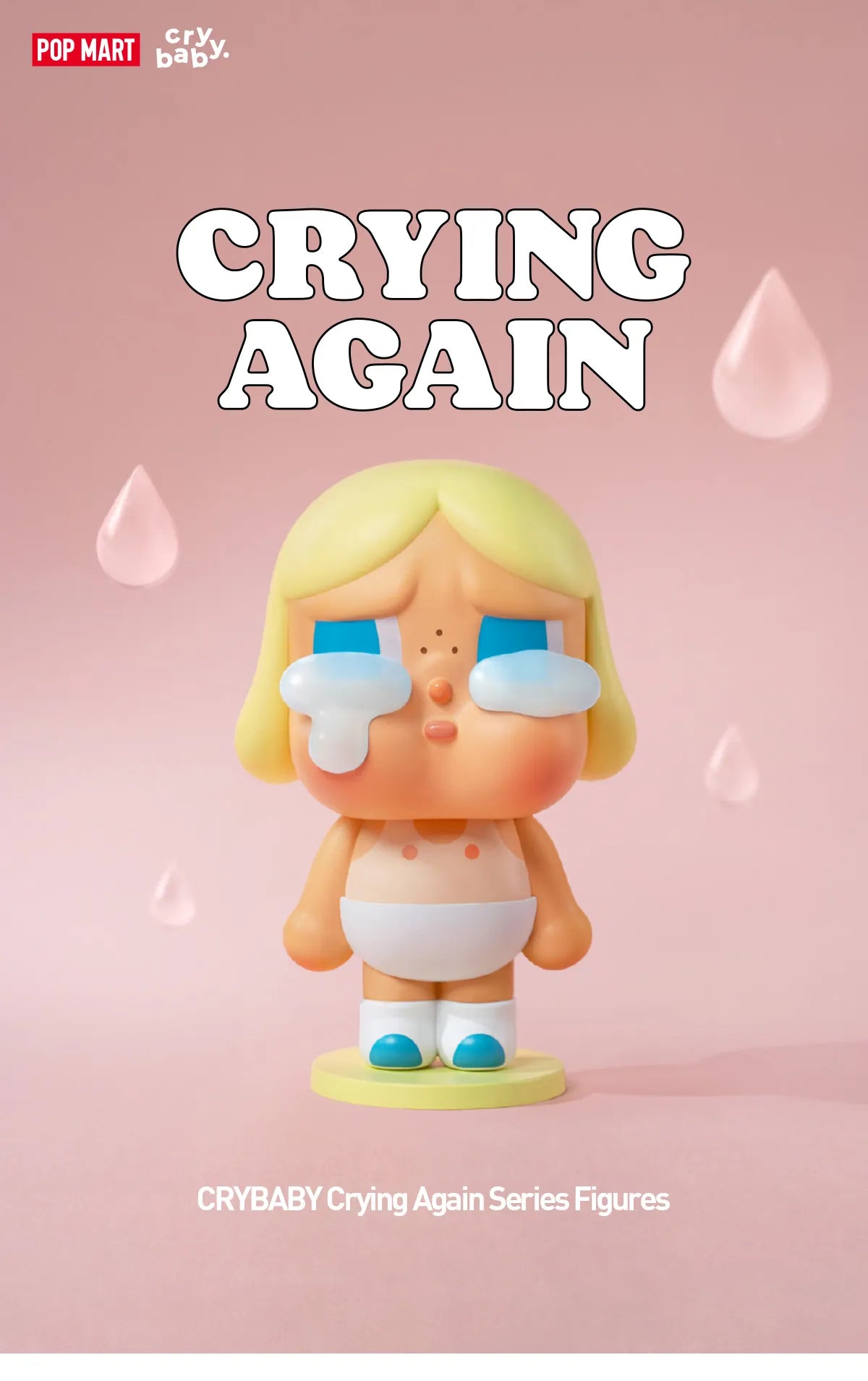 CRYBABY Crying Again Blind Box Series toy figurine with tears, featuring blonde hair and blue eyes, part of a collectible set with 12 designs.