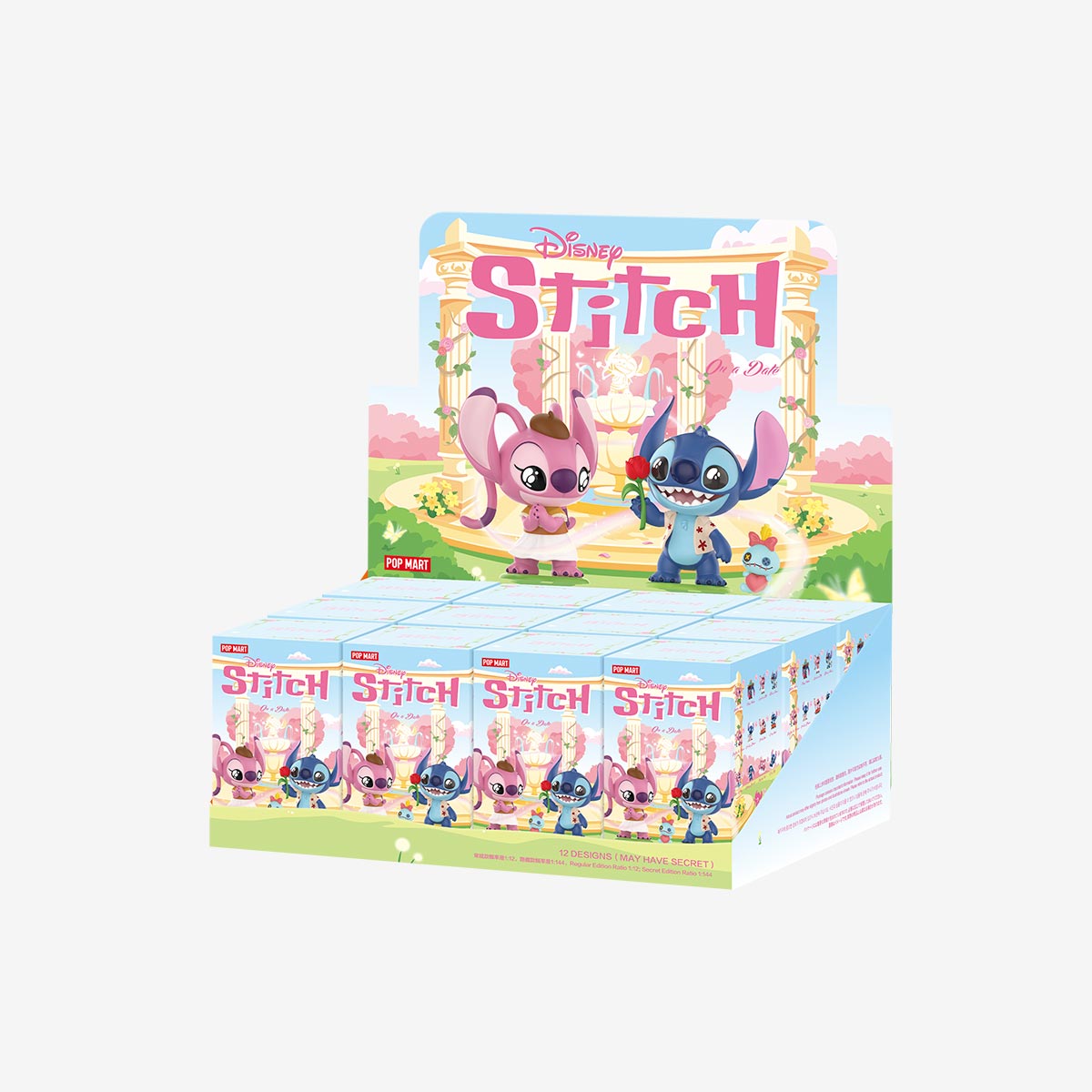 Disney Stitch on a Date Series Figures - Preorder display with blind-box collectibles featuring Stitch and Angel in 12 romantic designs, available at Strangecat Toys.