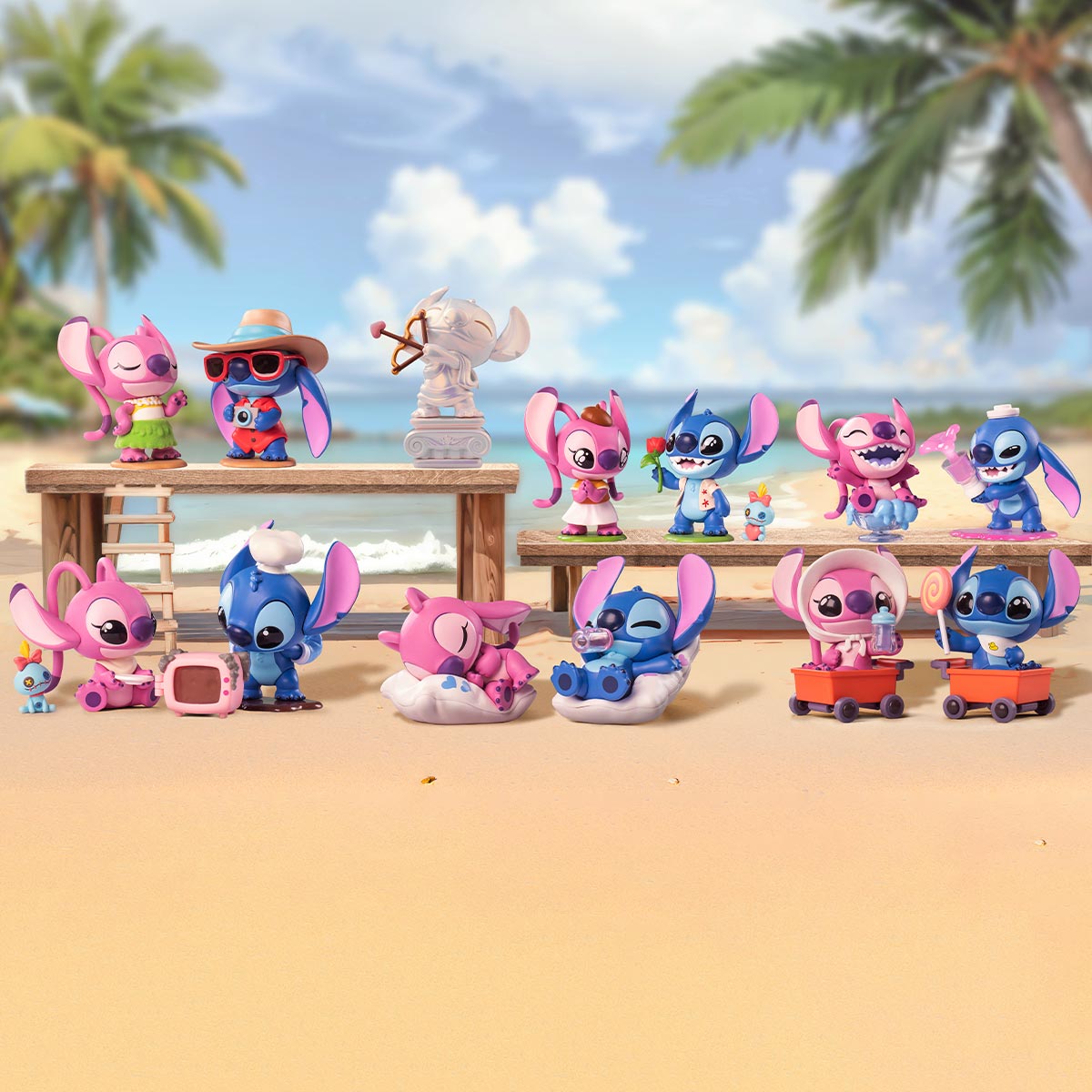 Disney Stitch on a Date Series Figures displayed in a beach diorama with Stitch and Angel figurines enjoying vacation activities. Preorder for October 2025 shipment.