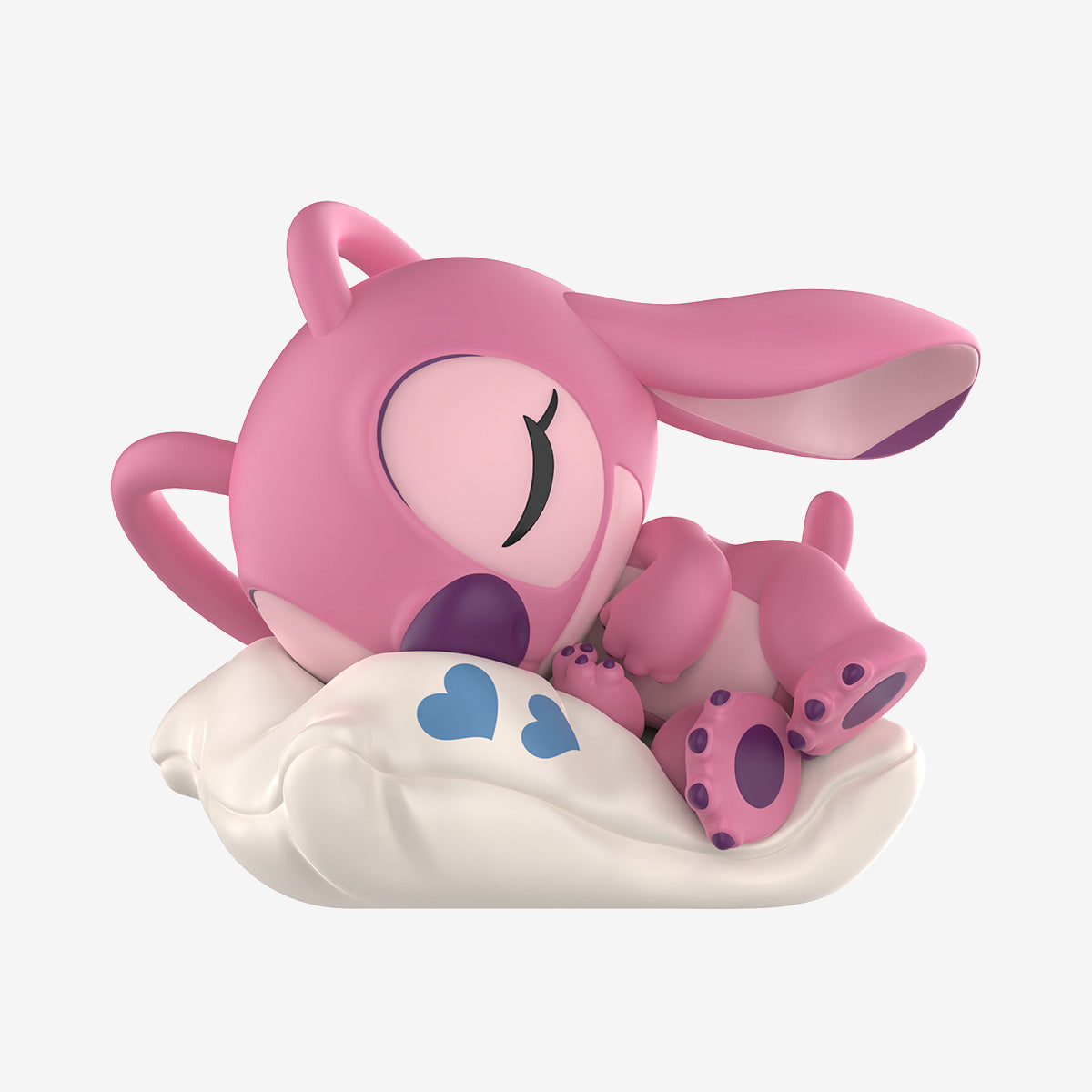 Disney Stitch on a Date Series Figure: 3D pink rabbit-like creature asleep on a white pillow with blue hearts, available for preorder.