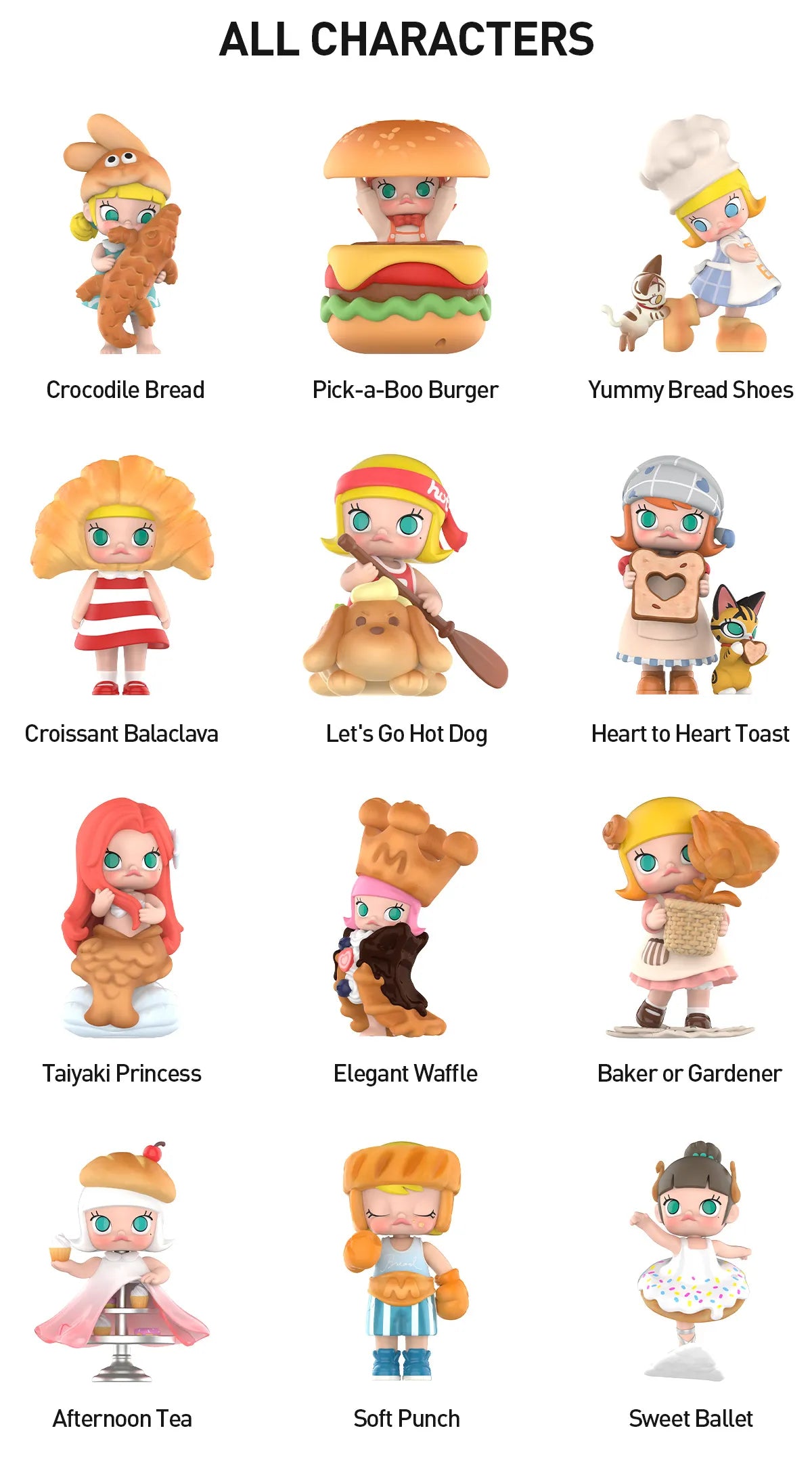 MOLLY Carb-Lover Series Figures lineup, showcasing twelve food-themed characters like Crocodile Bread and Pick-a-Boo Burger, arranged in a 3x4 grid under ALL CHARACTERS.