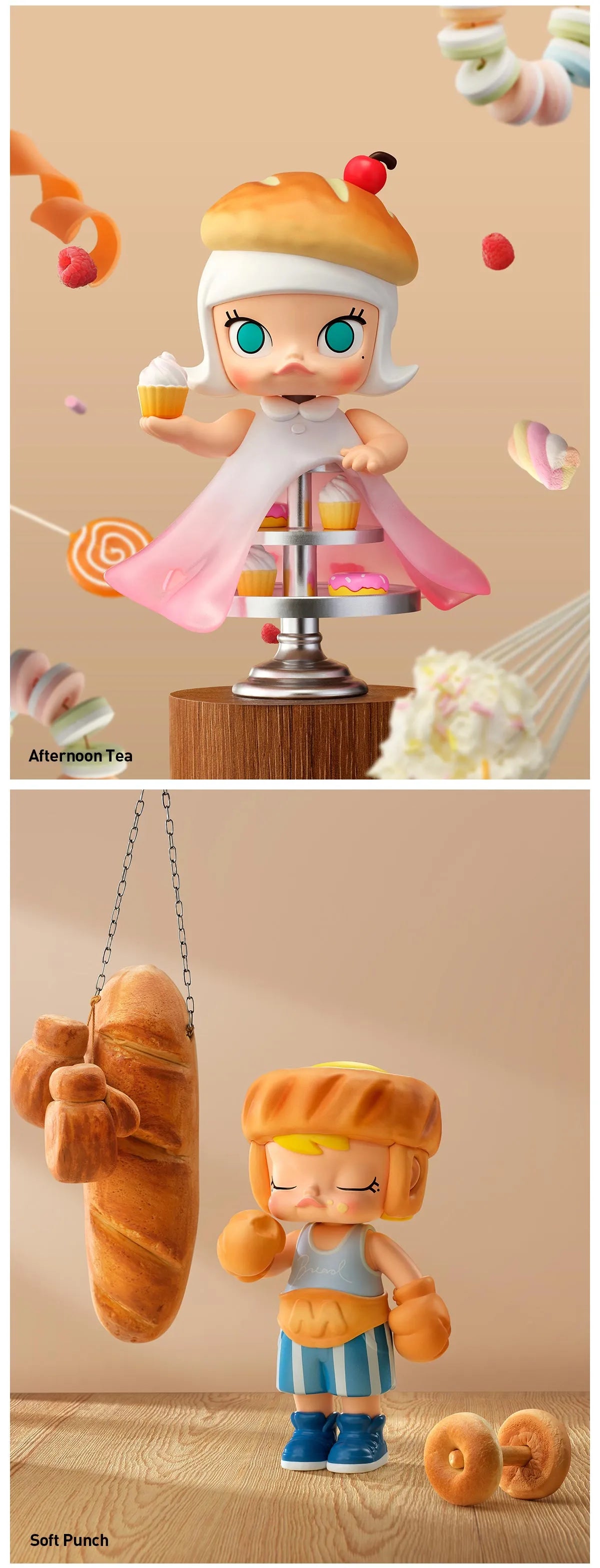 MOLLY Carb-Lover Series Figures: “Afternoon Tea” chibi figure with pastry accessories and “Soft Punch” chibi boxer using bakery-themed workout gear.