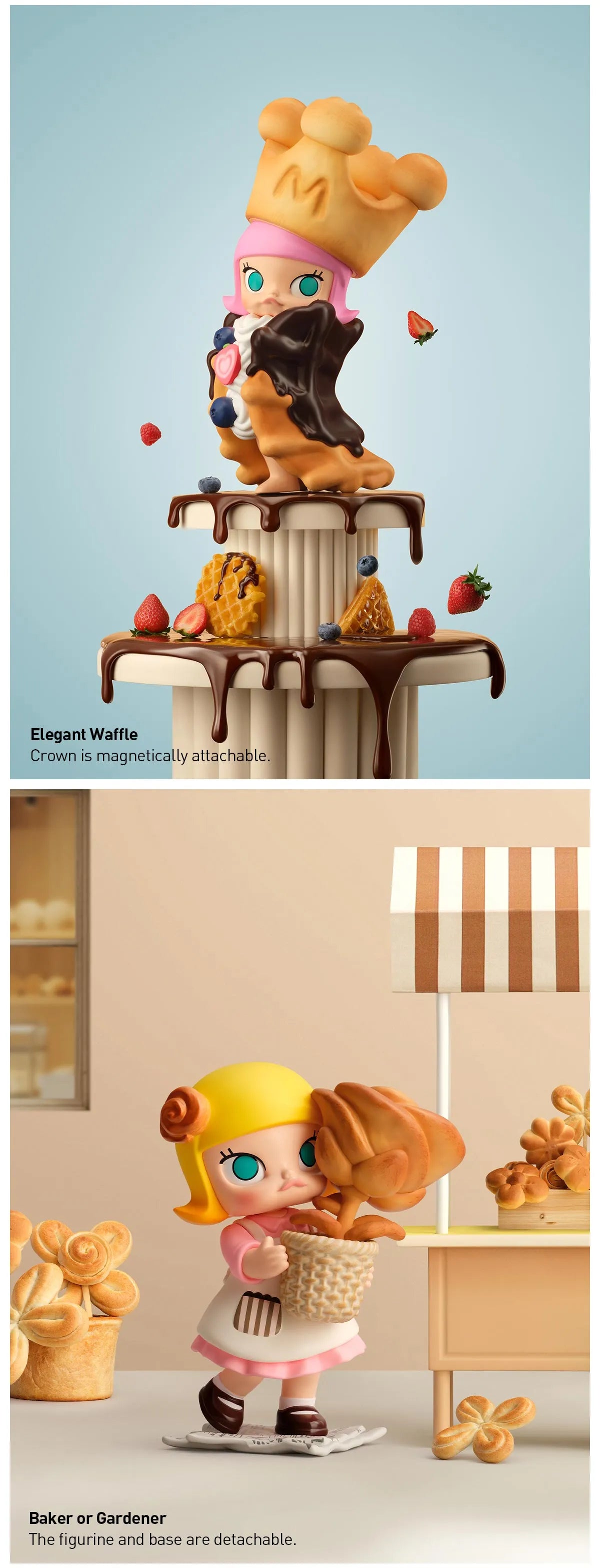 MOLLY Carb-Lover Series Figures: Elegant Waffle and Baker or Gardener collectible dolls, featuring sweet-baked-goods themes and detachable elements.