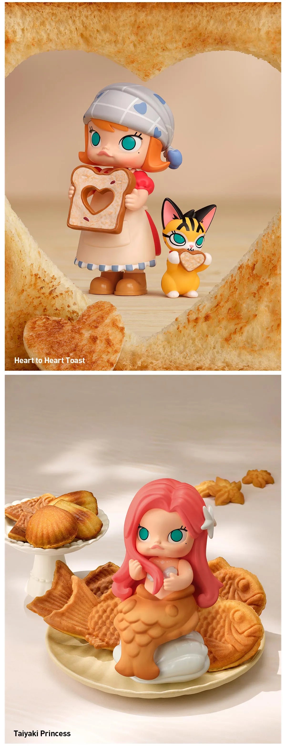 MOLLY Carb-Lover Series Figures: Heart to Heart Toast baker girl and cat with heart-shaped toast; Taiyaki Princess mermaid with taiyaki pastries and cookies.