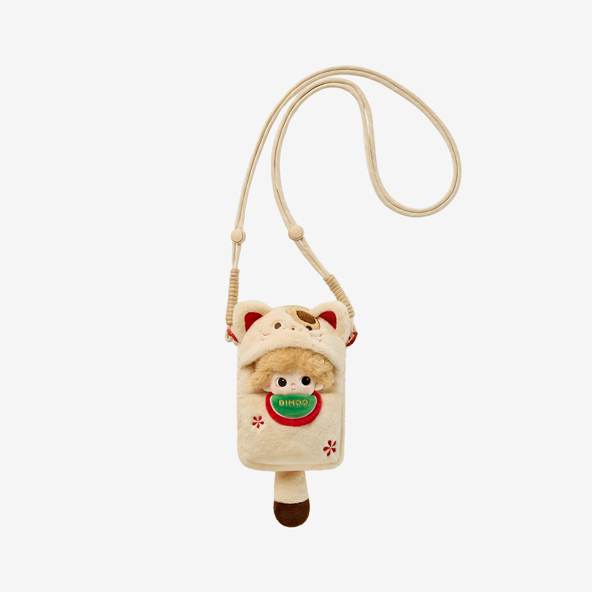 DIMOO Weaving Wonders Series mini bag, featuring a cartoon cat design with an embroidered face, adjustable strap, and doll's head peeking from the front pocket.