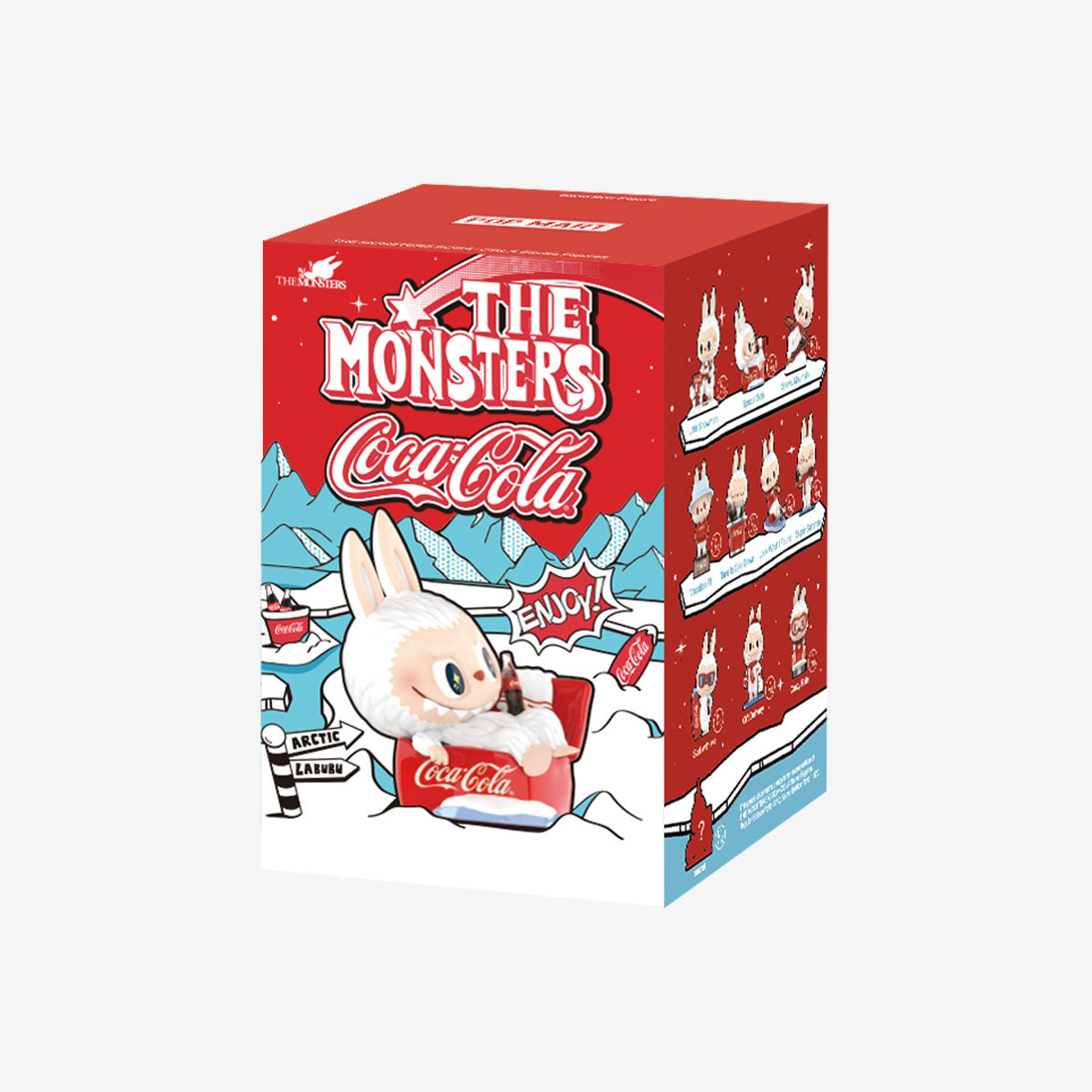 THE MONSTERS COCA-COLA Series Figures: Arctic Labubu, a rabbit-like creature, lounges in a Coca-Cola crate. Box shows all 10 designs, including 1 secret.