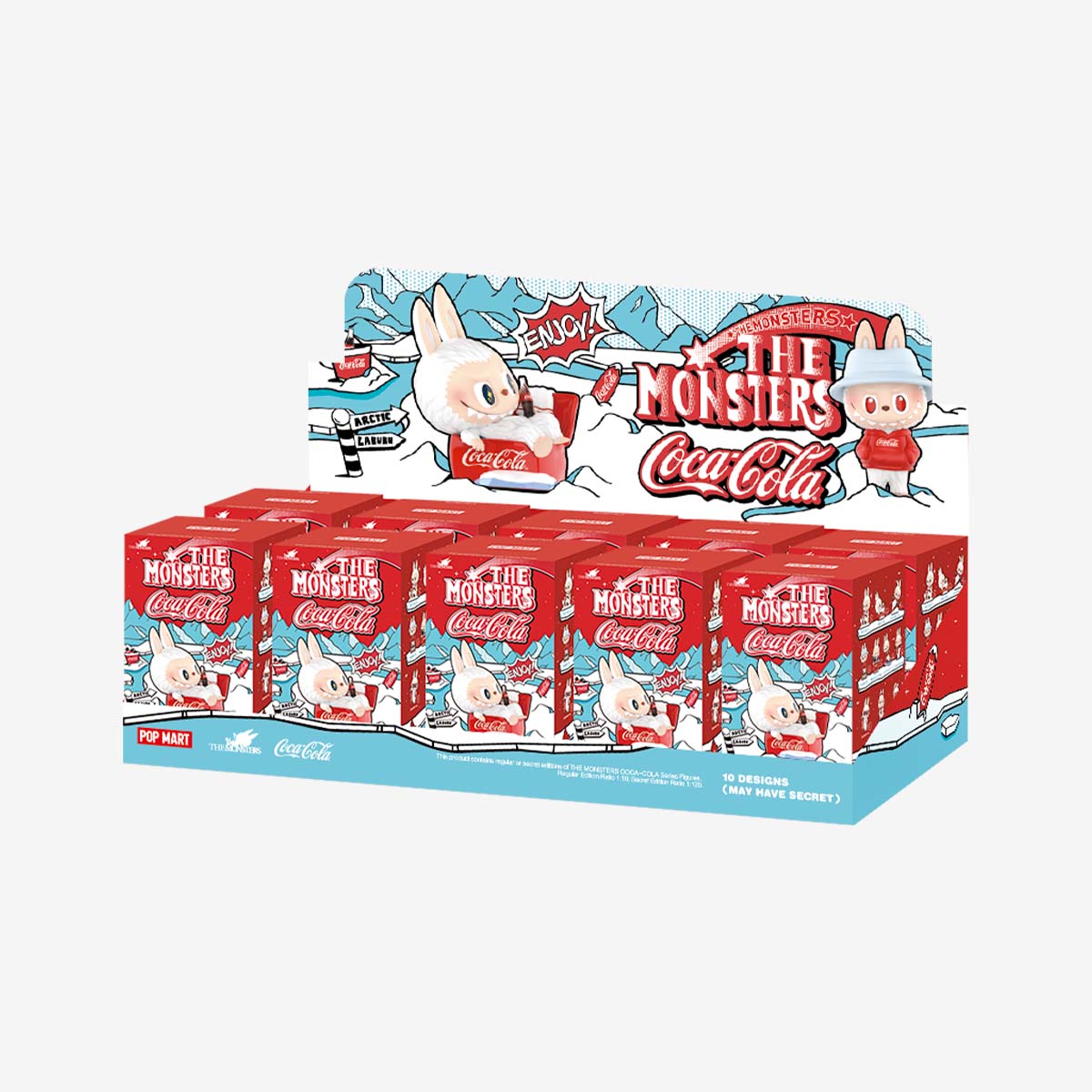 THE MONSTERS COCA-COLA Series Figures on display, featuring collectible rabbit-like characters from POP MART x Coca-Cola, each blind-box contains one of ten designs.
