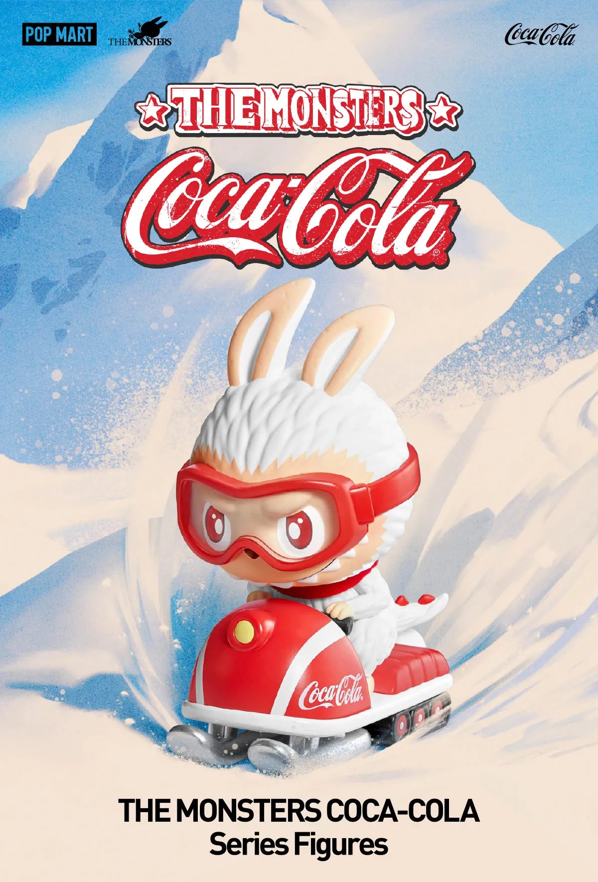 THE MONSTERS COCA-COLA Series Figures featuring a rabbit-eared monster on a Coca-Cola snowmobile in a snowy scene; collectible includes 10 designs plus one secret.