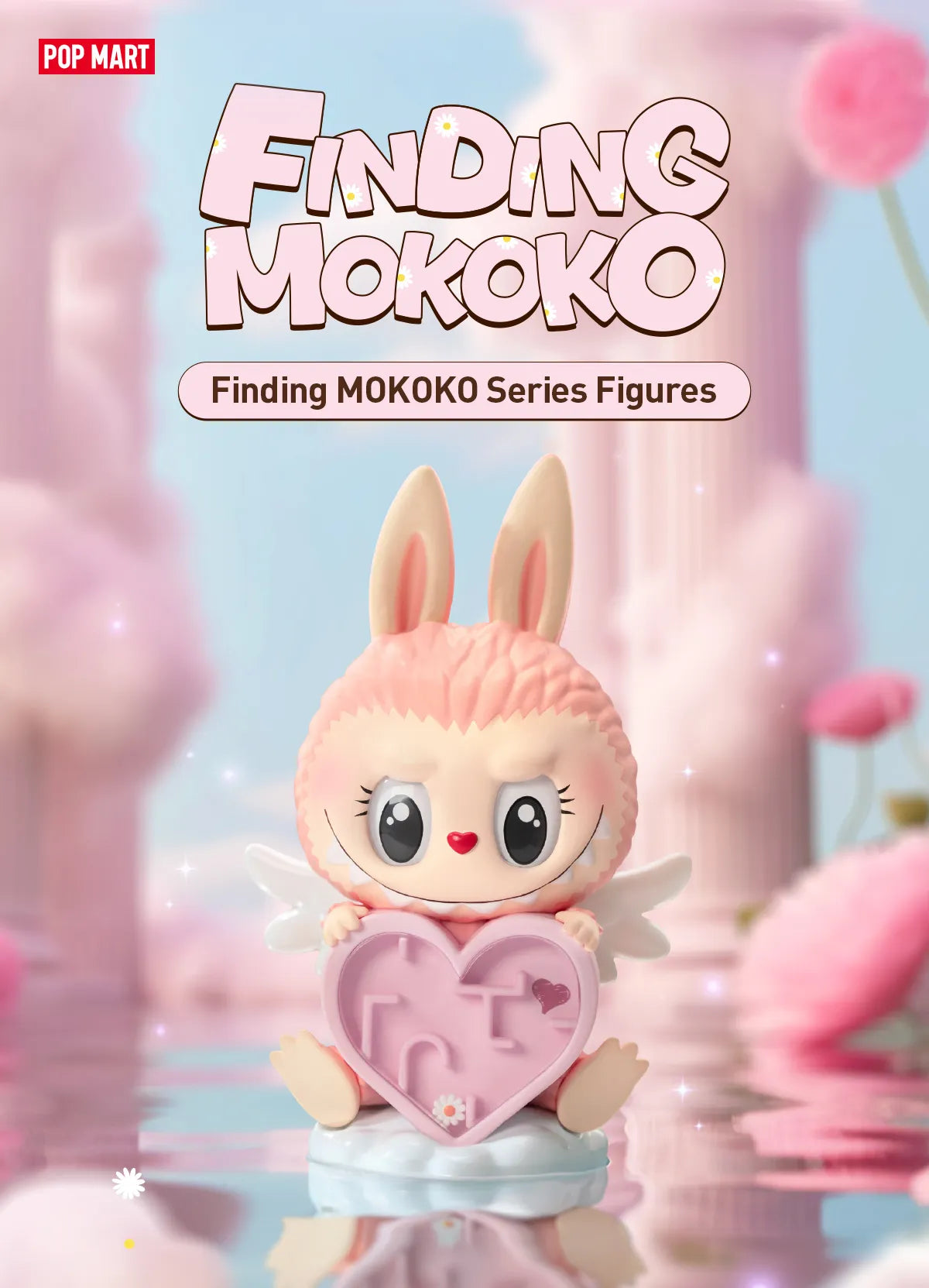Finding MOKOKO Series Figures: Pink rabbit-like vinyl figure with big eyes, wings, ears, and heart-shaped puzzle piece. Dreamy setting, part of collectible series.