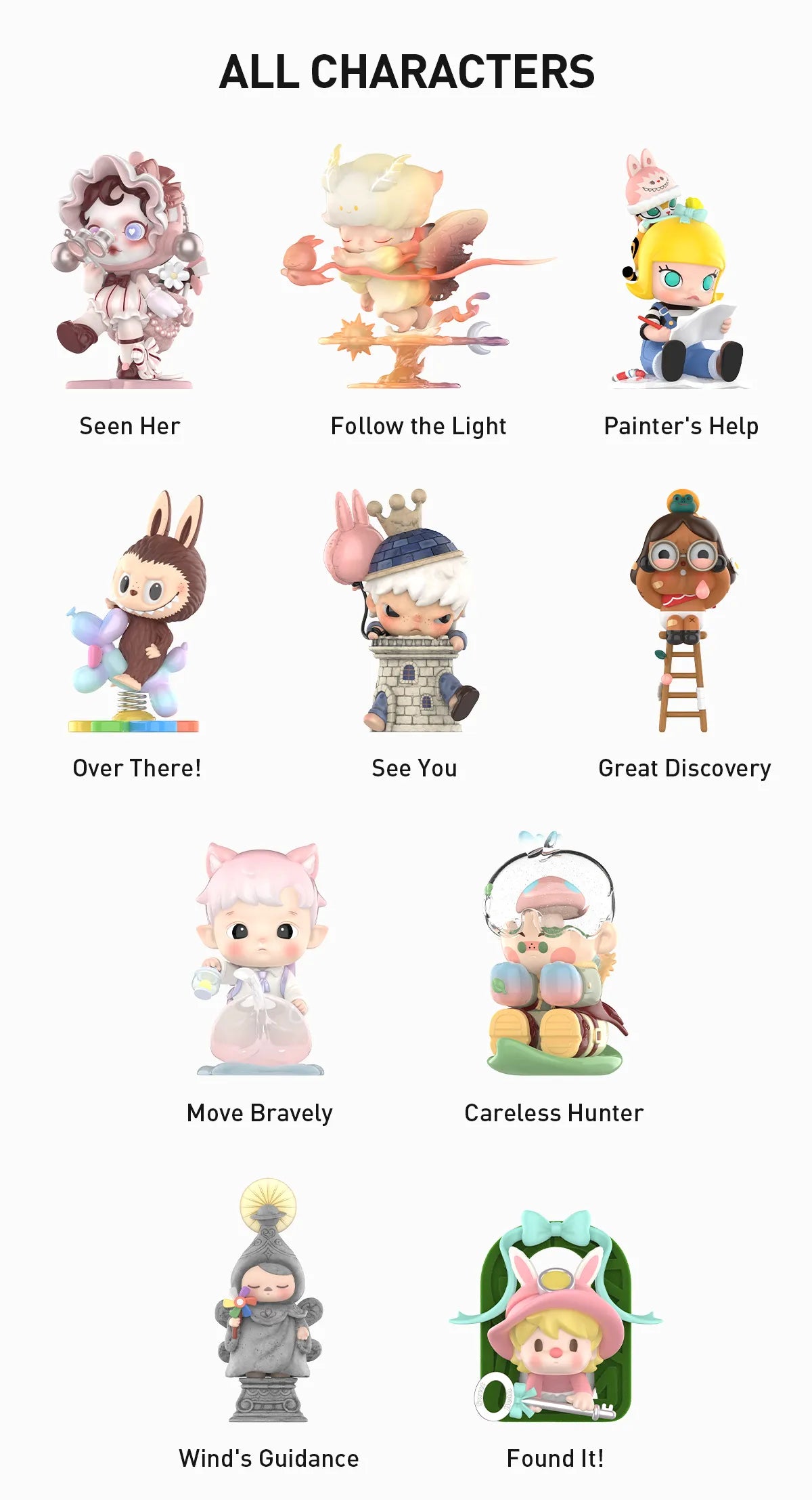 Finding MOKOKO Series Figures: Ten stylized figurines in a grid, each with unique themes like fairy-tale and magical, available for preorder at Strangecat Toys.