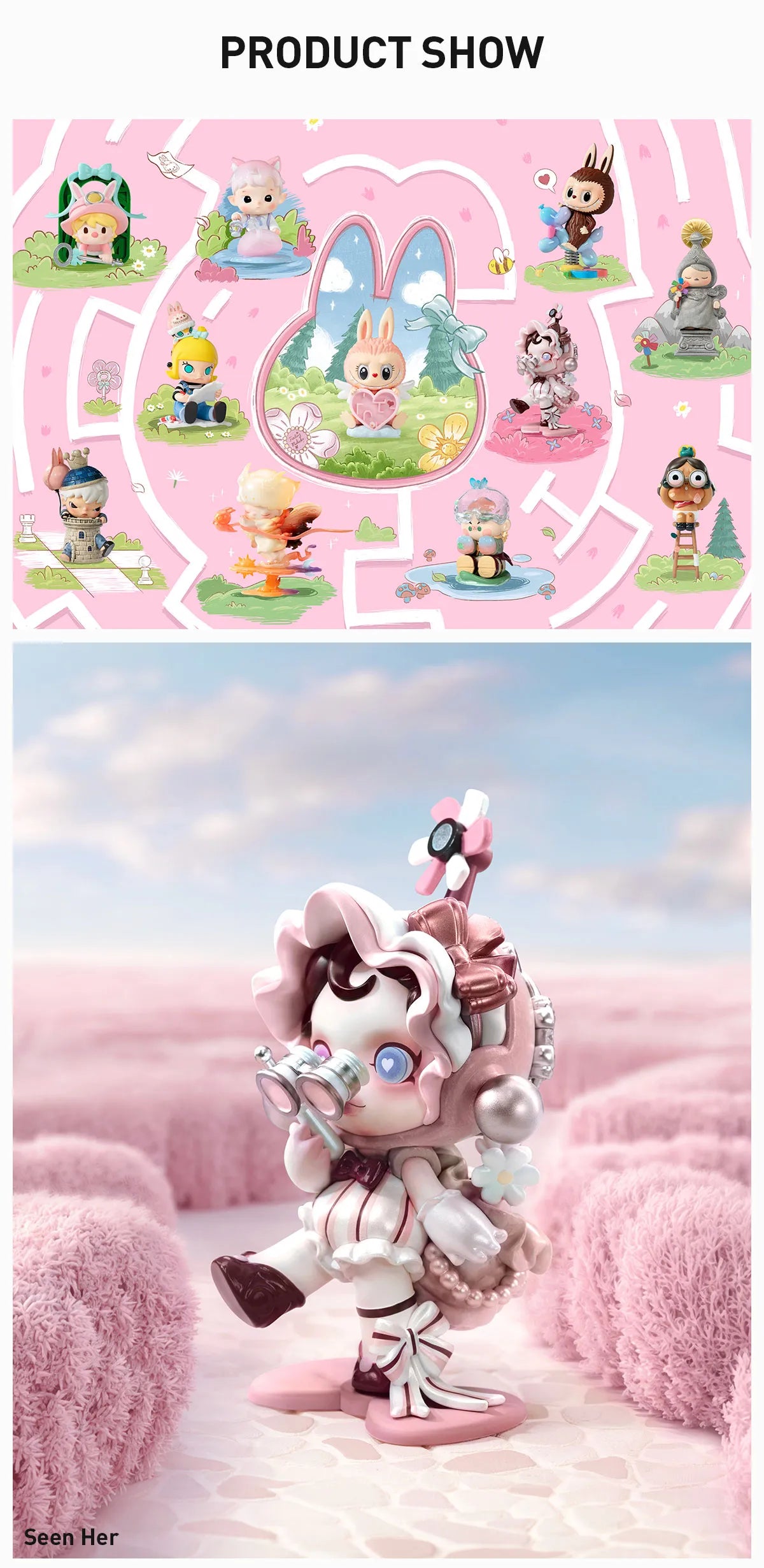 Finding MOKOKO Series Figures: Victorian-inspired girl with binoculars in pink setting, part of collectible designer vinyl figures by Seen Her. Preorder for January 2026.