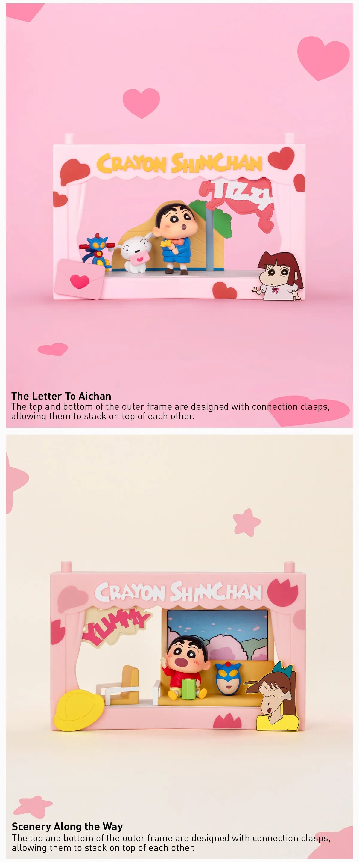 Crayon Shinchan Life Theatre Series Scene Sets featuring interchangeable dioramas: The Letter To Aichan and Scenery Along the Way, showcasing collectible miniatures for fans.
